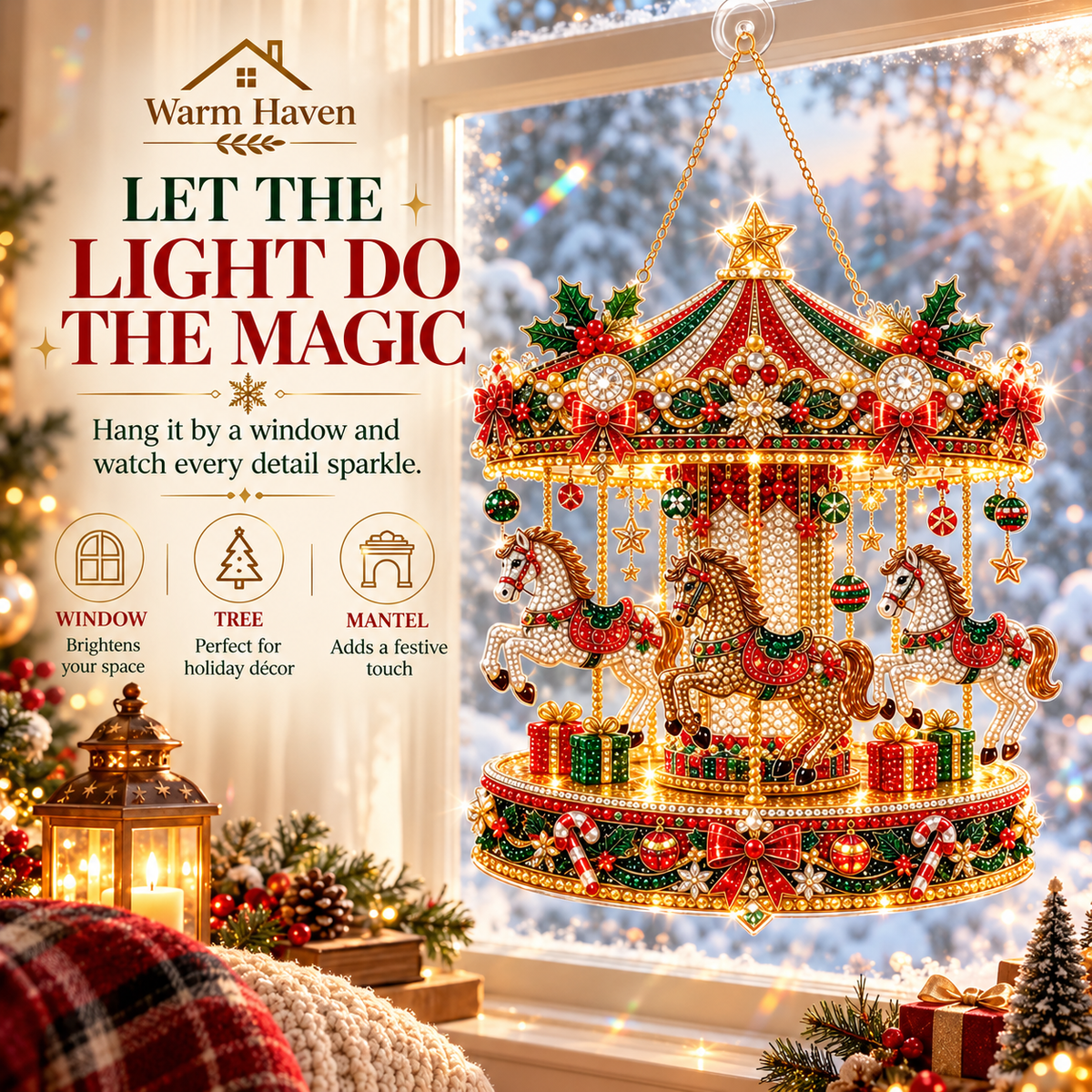 DIY Christmas hanging ornaments featuring a festive Christmas village and colourful holiday decorations