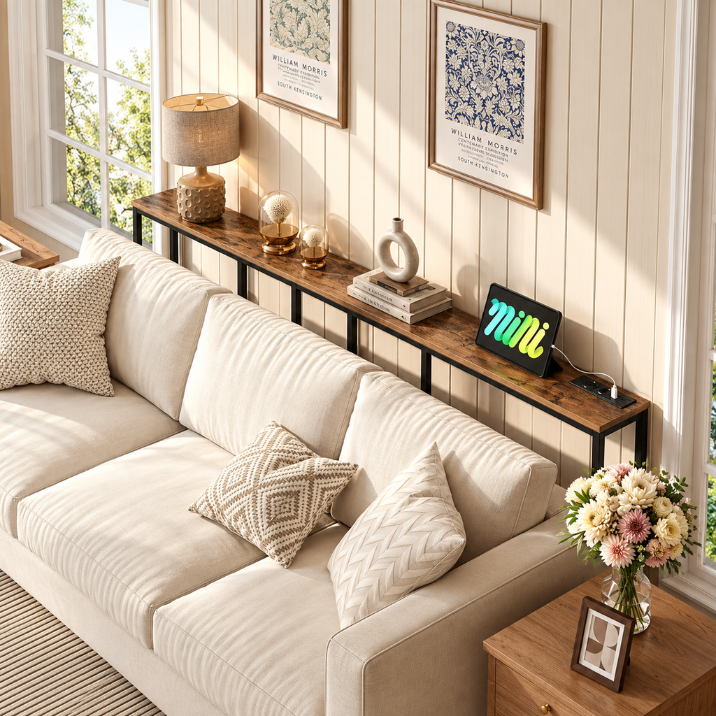 Slim console table with charging station rustic wood tabletop and black metal frame styled in a modern living room