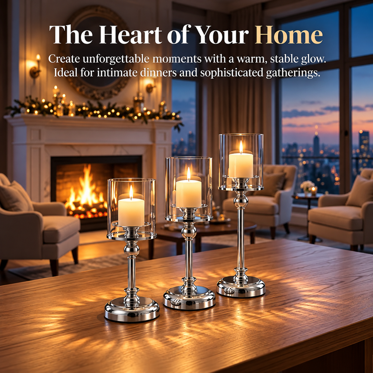 Silver glass pillar candle holders displayed on a wooden table in a cozy living room with a fireplace