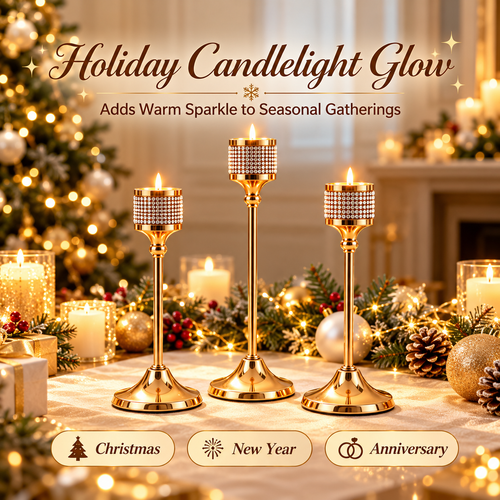 3-piece gold candle holder set with candles for holiday decoration