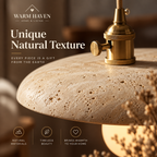 Close-up of yellow stone pendant light shade with textured surface and brass hardware