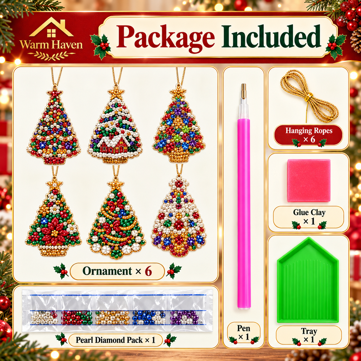 DIY Christmas diamond painting kit package with Christmas tree ornaments, pen, tray, glue clay and hanging ropes