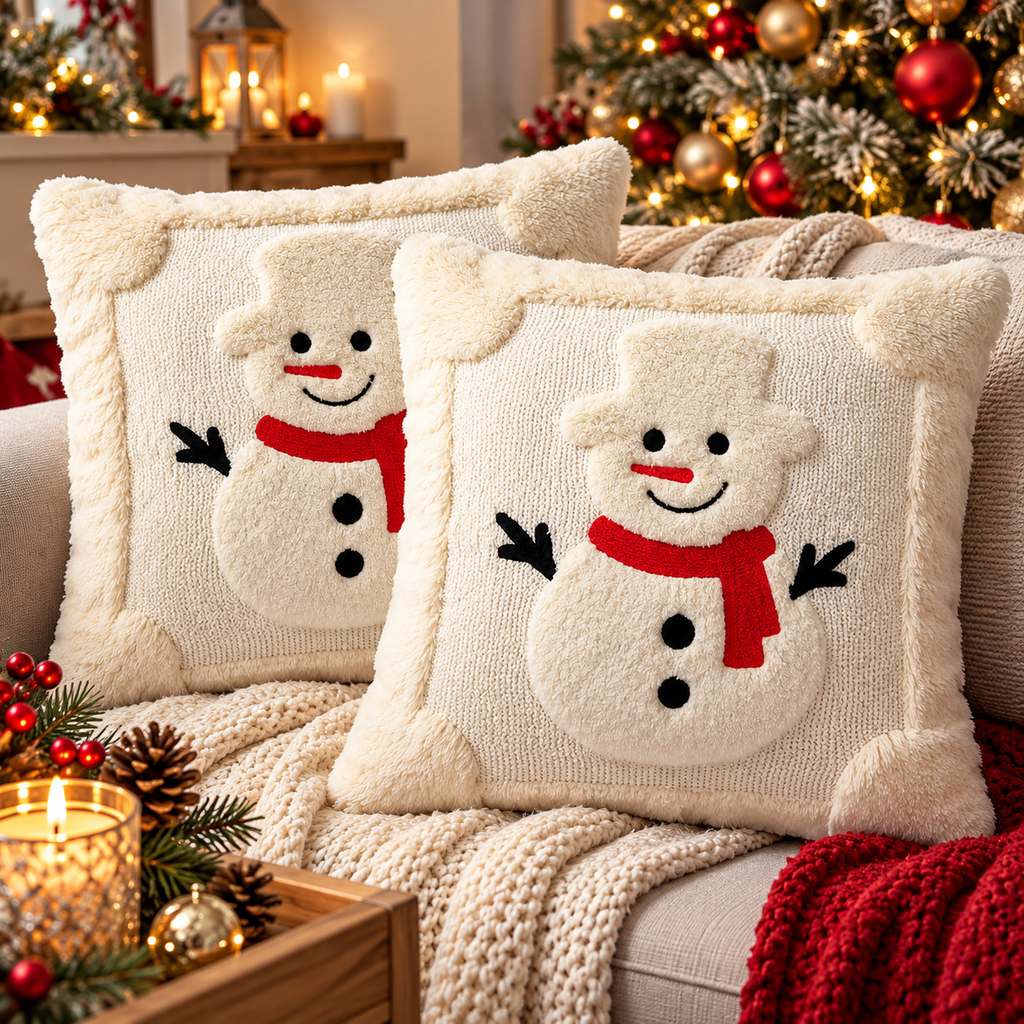 Christmas cushion covers featuring 3D Santa and snowman designs in soft cream plush fabric for festive home decor.