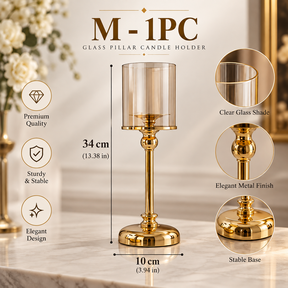 Medium silver glass pillar candle holders with a clear glass shade for modern home decor