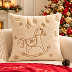 Christmas Faux Rabbit Fur Pillow Cover featuring an embroidered rocking horse and hanging ornaments