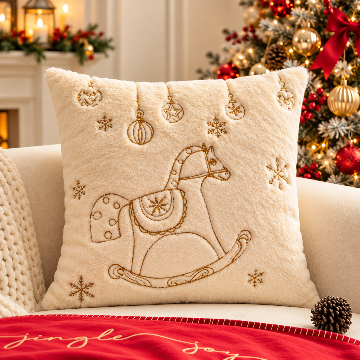 Christmas Faux Rabbit Fur Pillow Cover featuring an embroidered rocking horse and hanging ornaments