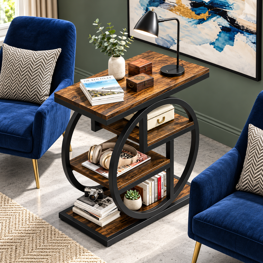 4-tier narrow end table styled in a modern living room with a gray sofa and decorative accessories