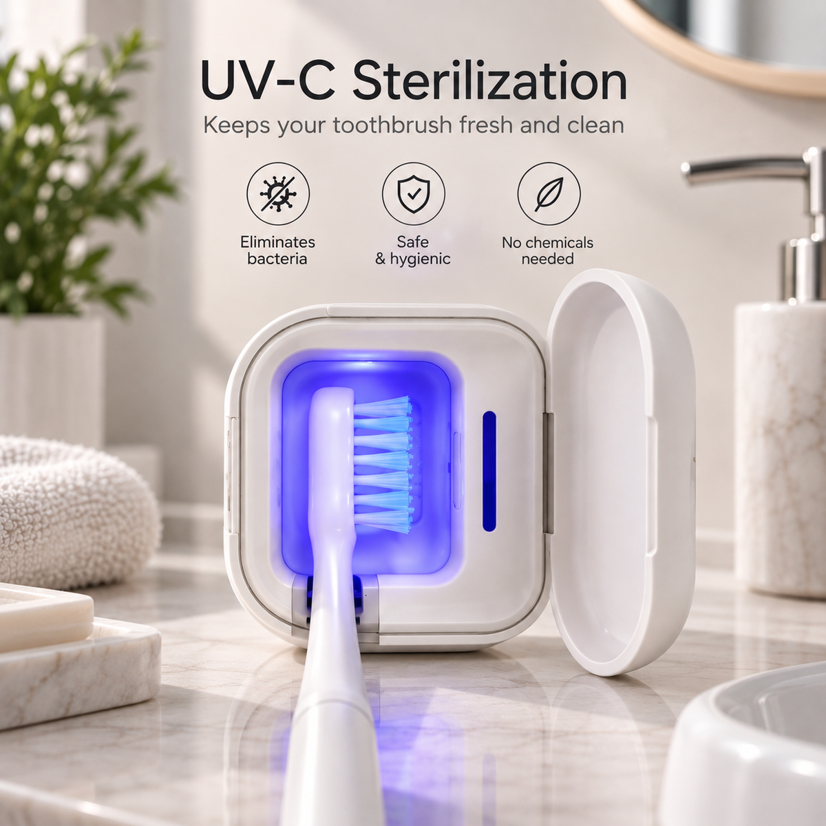 UV-C toothbrush sterilizer with toothbrush inside during sanitizing