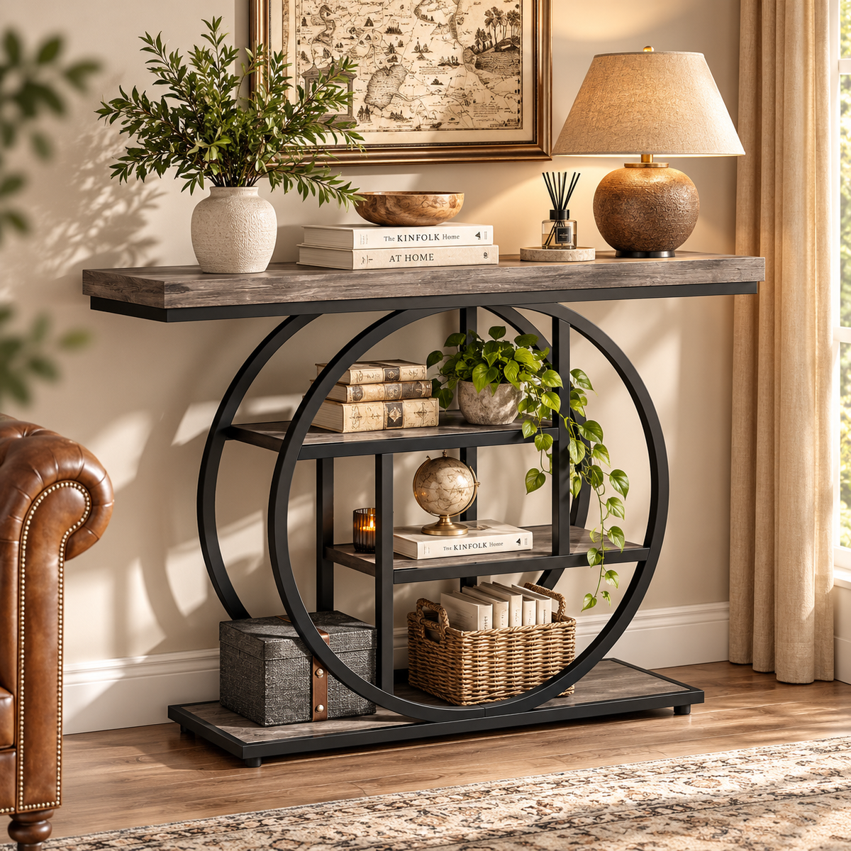 Rustic industrial console table with circular frame and wood-look shelves viewed from the front