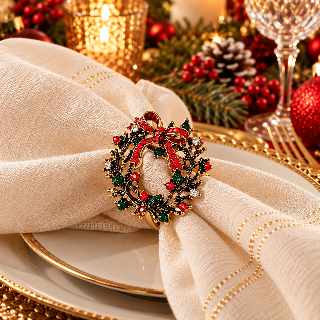 Christmas napkin rings shown close up on a cream napkin with festive red and gold table decorations
