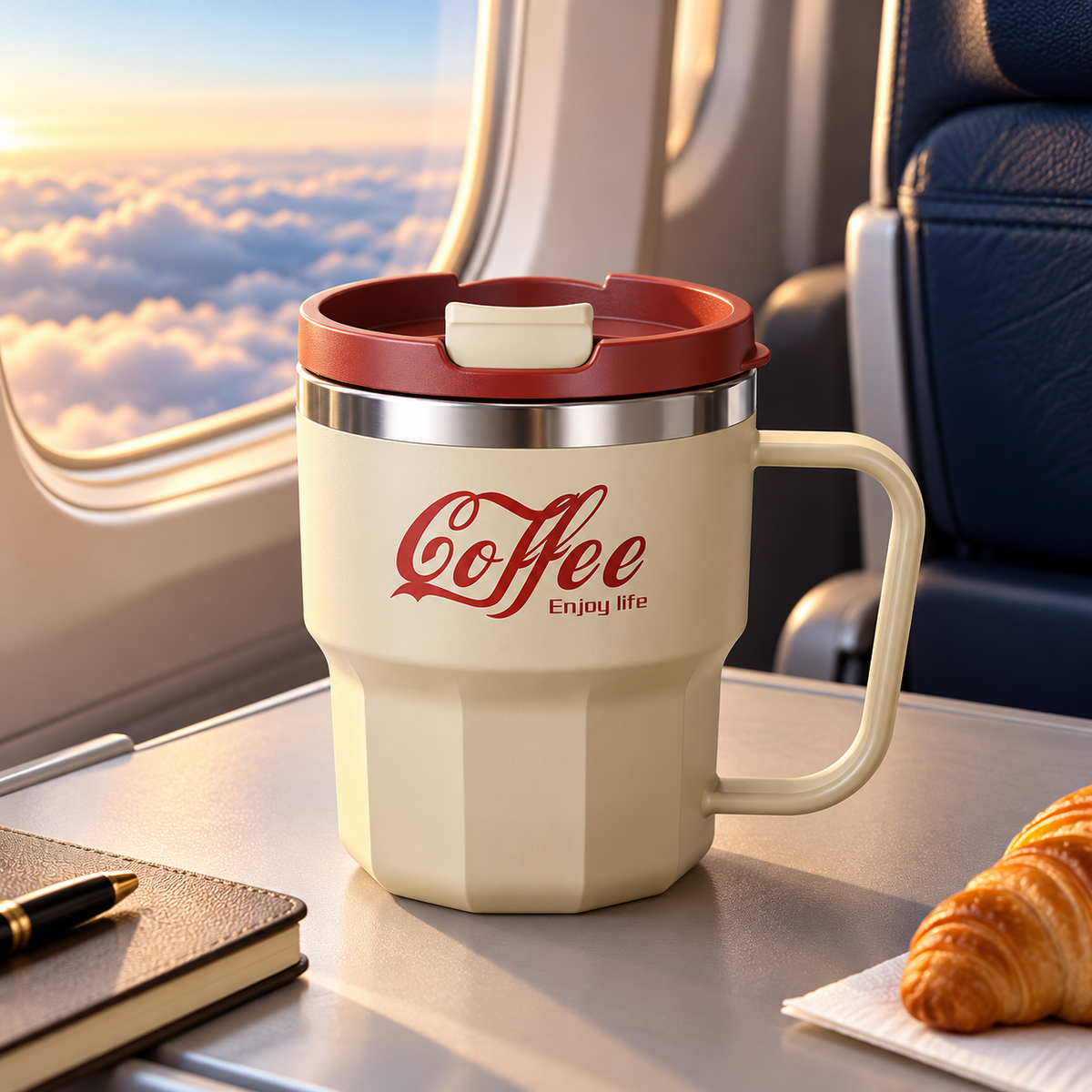 Insulated Coffee Mug with Lid & Handle – Stainless Steel cream travel mug with red lid and matching red logo