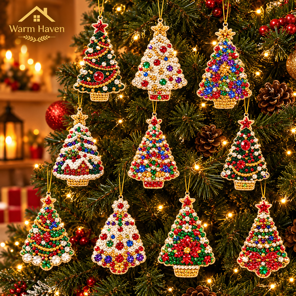 DIY Christmas diamond painting kit featuring multiple Christmas tree-shaped ornaments with festive designs