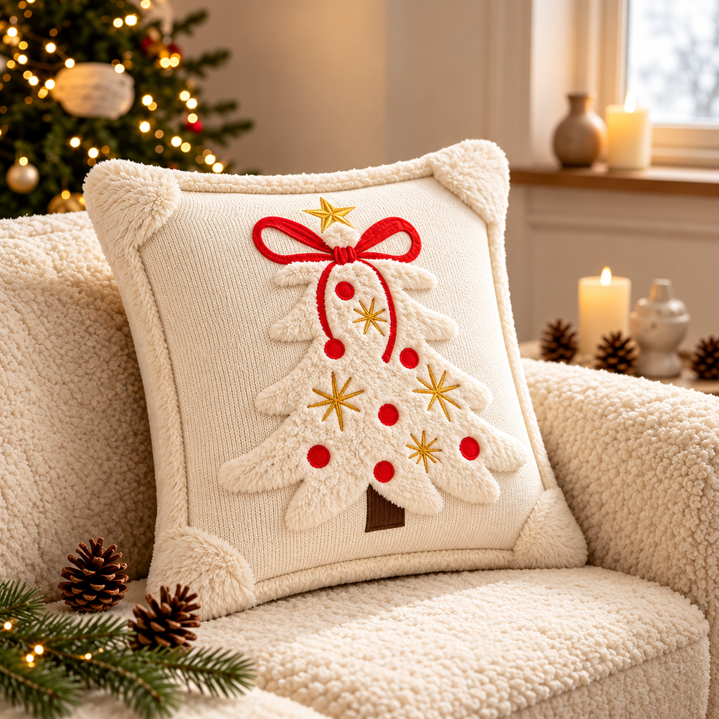 Embroidered Christmas pillow covers featuring a raised white Christmas tree, red bow and gold star on a cream cushion.