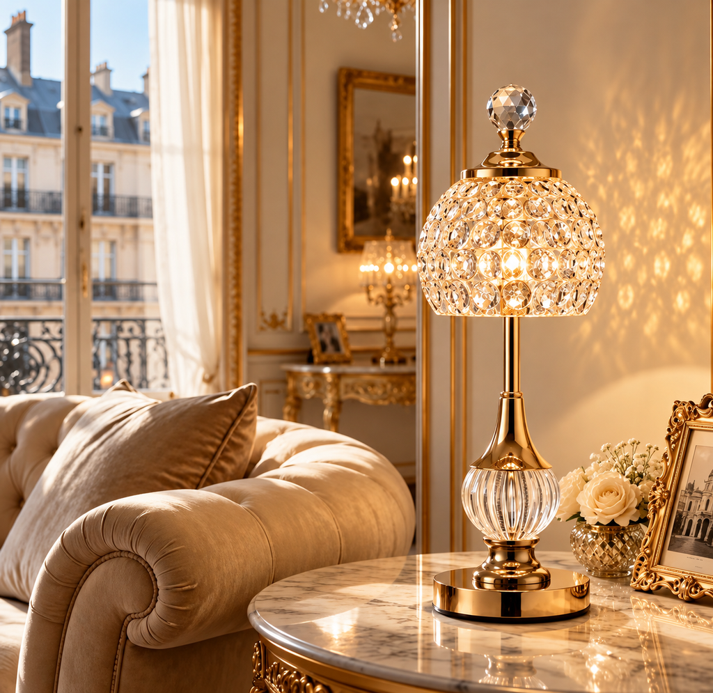 Gold cordless crystal table lamps illuminating a cosy living room with elegant neutral decor