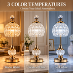 Gold cordless crystal table lamps with three light color temperatures for warm, neutral, and cool lighting