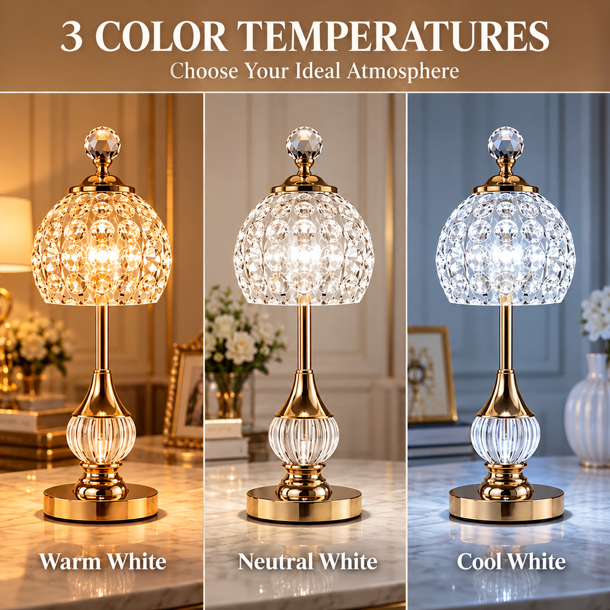 Gold cordless crystal table lamps with three light color temperatures for warm, neutral, and cool lighting