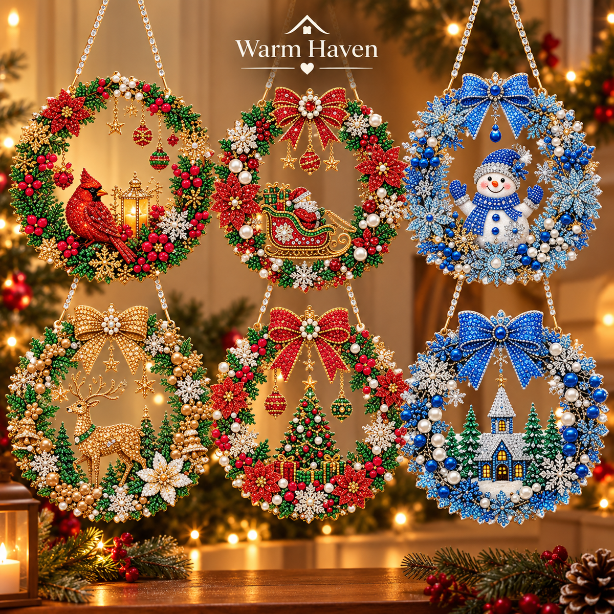 Diamond Painting Christmas Wreath with a red bow and sparkling rhinestones