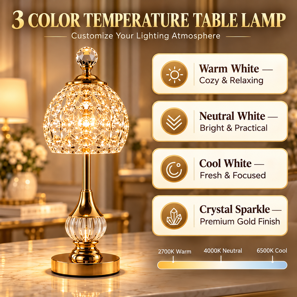 Cordless crystal table lamps with rechargeable batteries, USB-C charging, and adjustable lighting