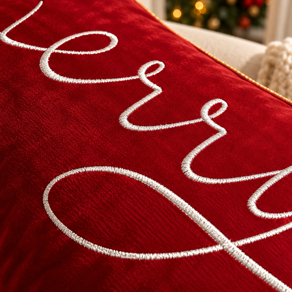 Merry Christmas Cushion Cover with decorative embroidered lettering