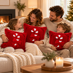 Red Christmas candy cane pillow covers styled on a sofa with warm festive decorations