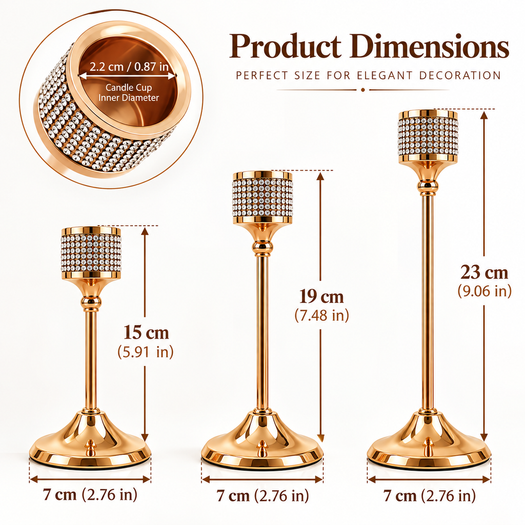 3-piece gold candle holder set showing the product dimensions and candle cup diameter