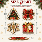 Wooden Christmas coasters set of four arranged on a festive table with Christmas decorations and warm holiday accents.