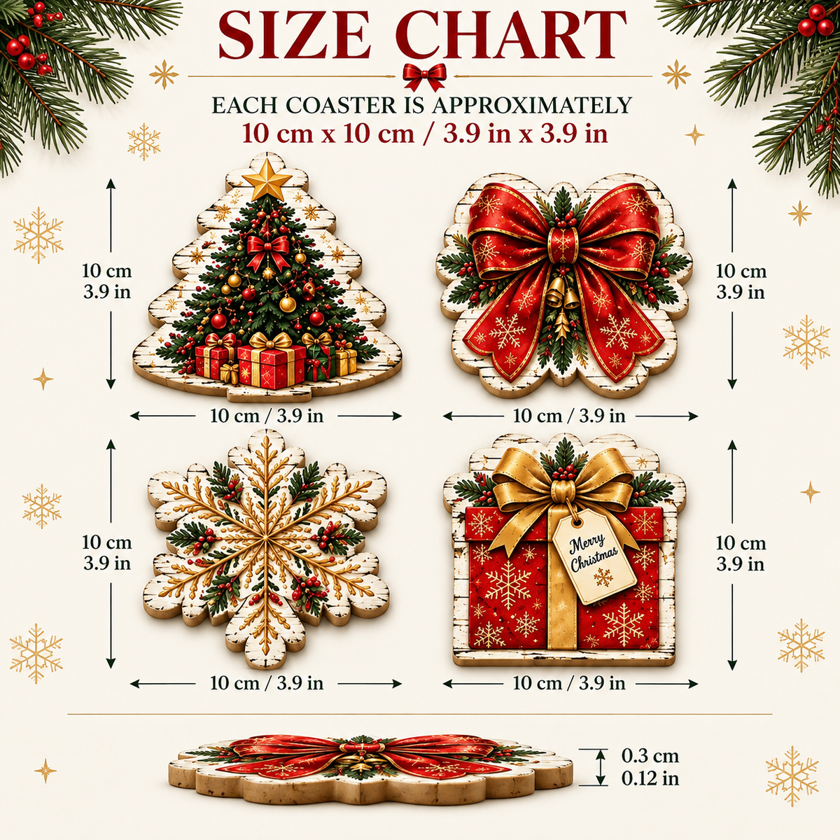 Wooden Christmas coasters set of four arranged on a festive table with Christmas decorations and warm holiday accents.