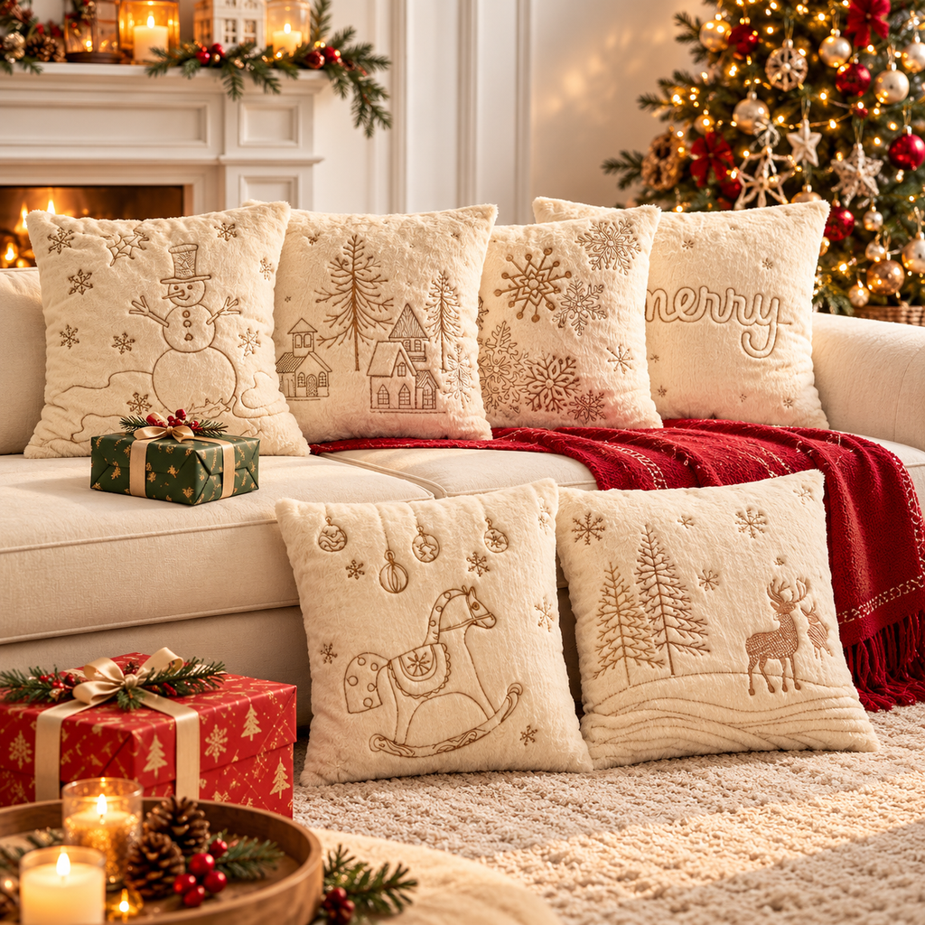 Christmas Faux Rabbit Fur Pillow Cover designs styled on a beige sofa with a red festive throw