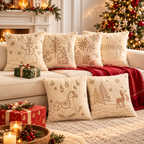 Christmas Faux Rabbit Fur Pillow Cover designs styled on a beige sofa with a red festive throw