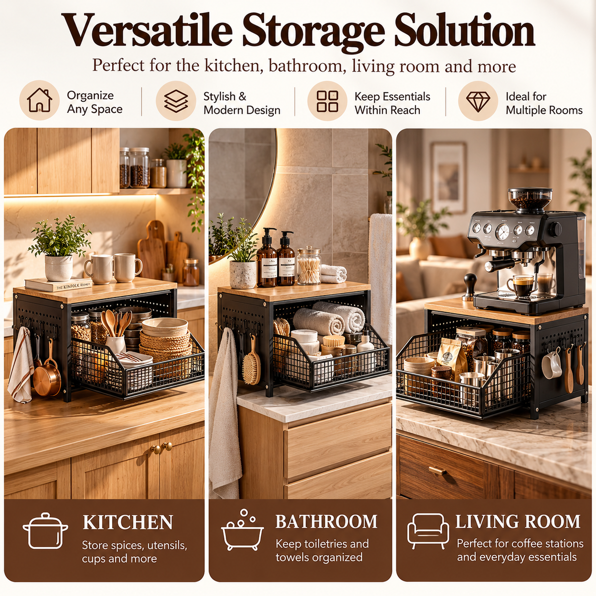 2-tier kitchen countertop organizer with pull-out basket for versatile kitchen and home storage