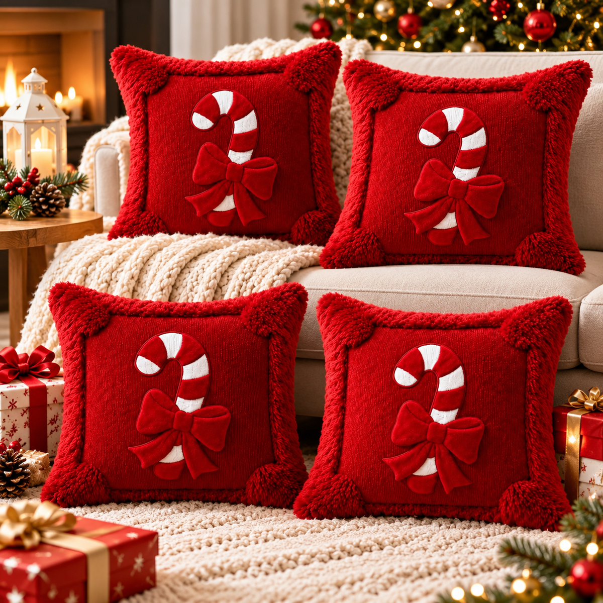 Four red Christmas candy cane pillow covers displayed together on a cosy sofa