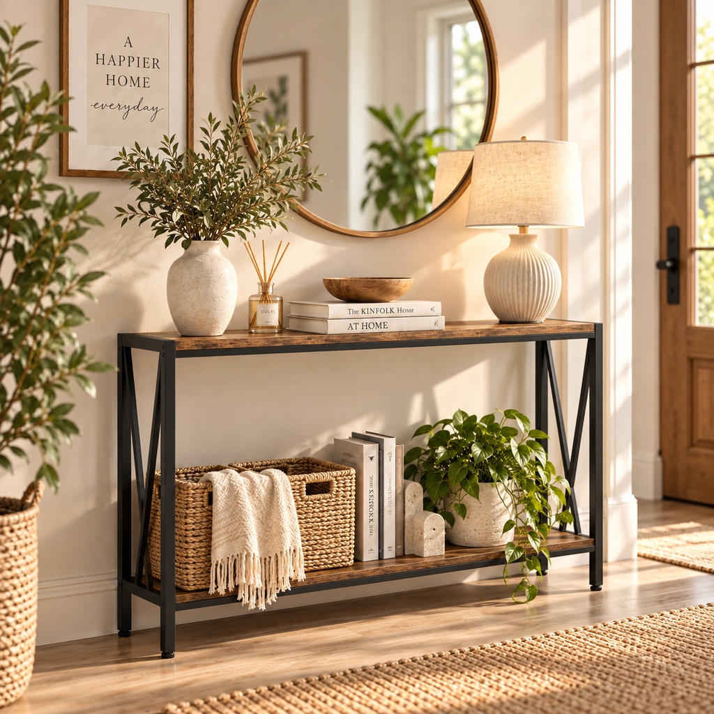 2-Tier Narrow Console Table – Rustic Wood & Black Metal
