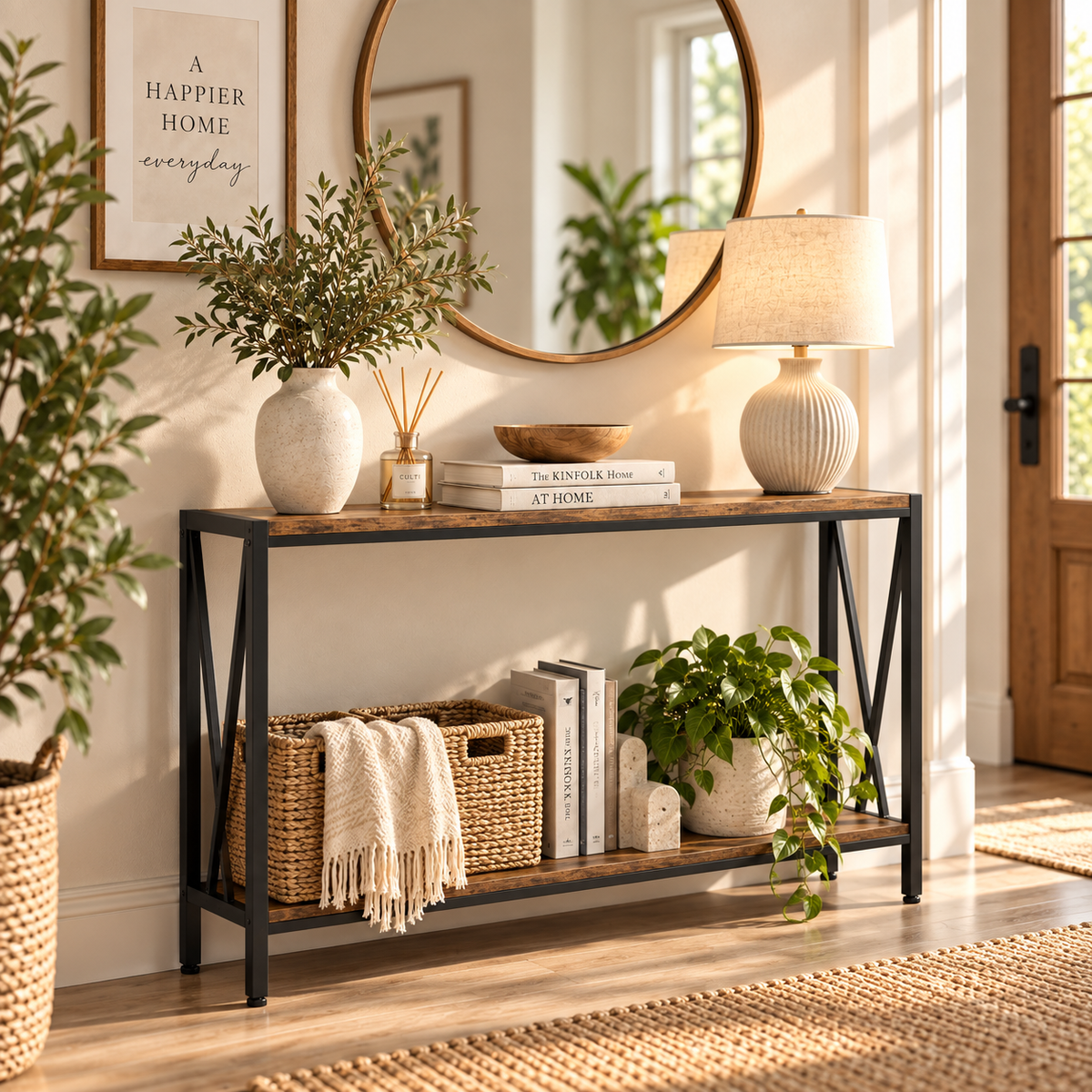 2-Tier Narrow Console Table – Rustic Wood & Black Metal