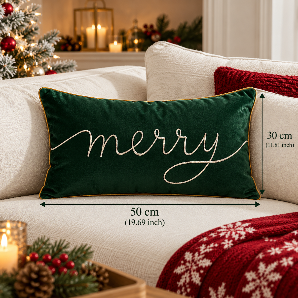Merry Christmas Cushion Cover in dark green with gold lettering