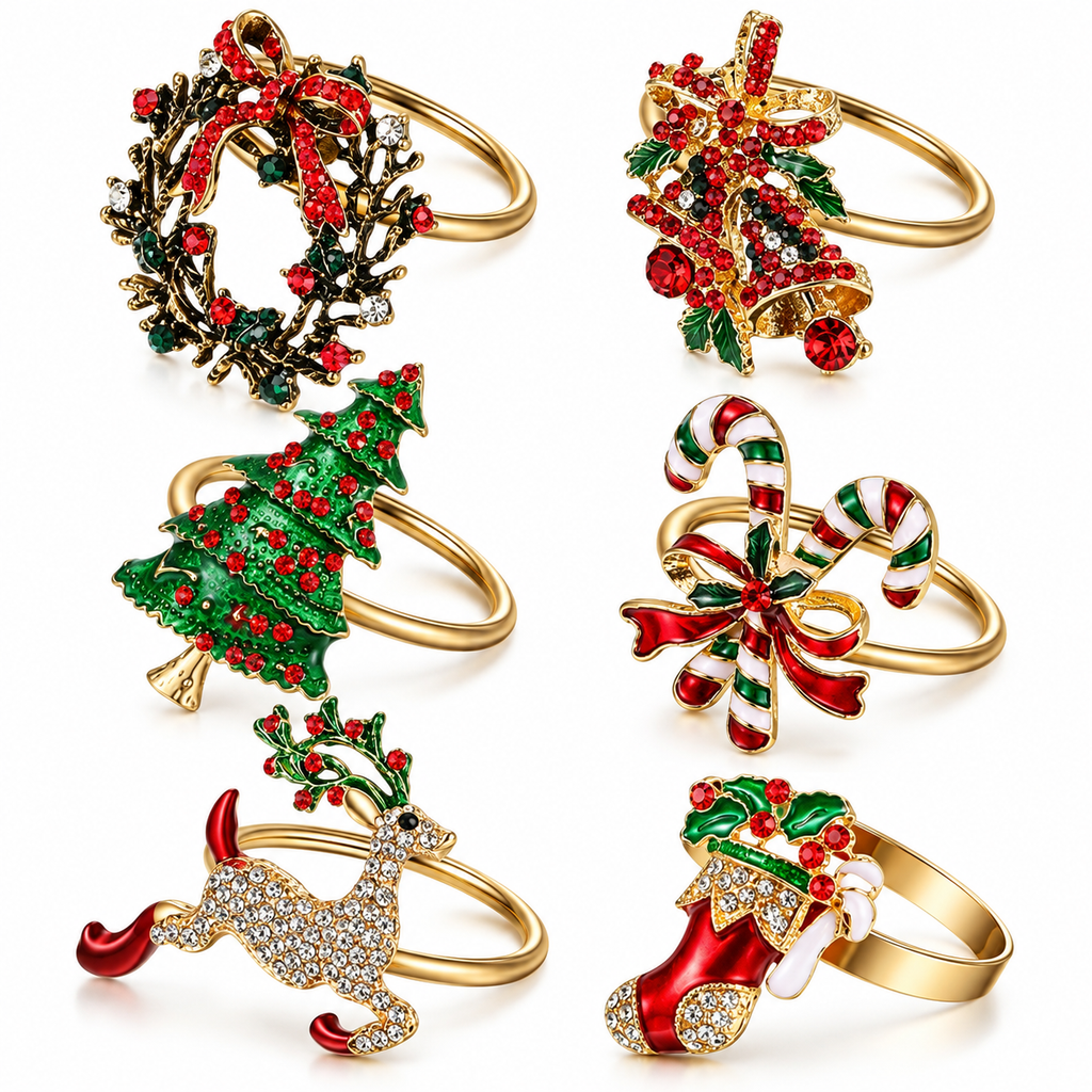 Set of 6 Christmas napkin rings featuring festive wreath, bell, Christmas tree, candy cane, reindeer, and stocking designs
