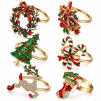 Set of 6 Christmas napkin rings featuring festive wreath, bell, Christmas tree, candy cane, reindeer, and stocking designs