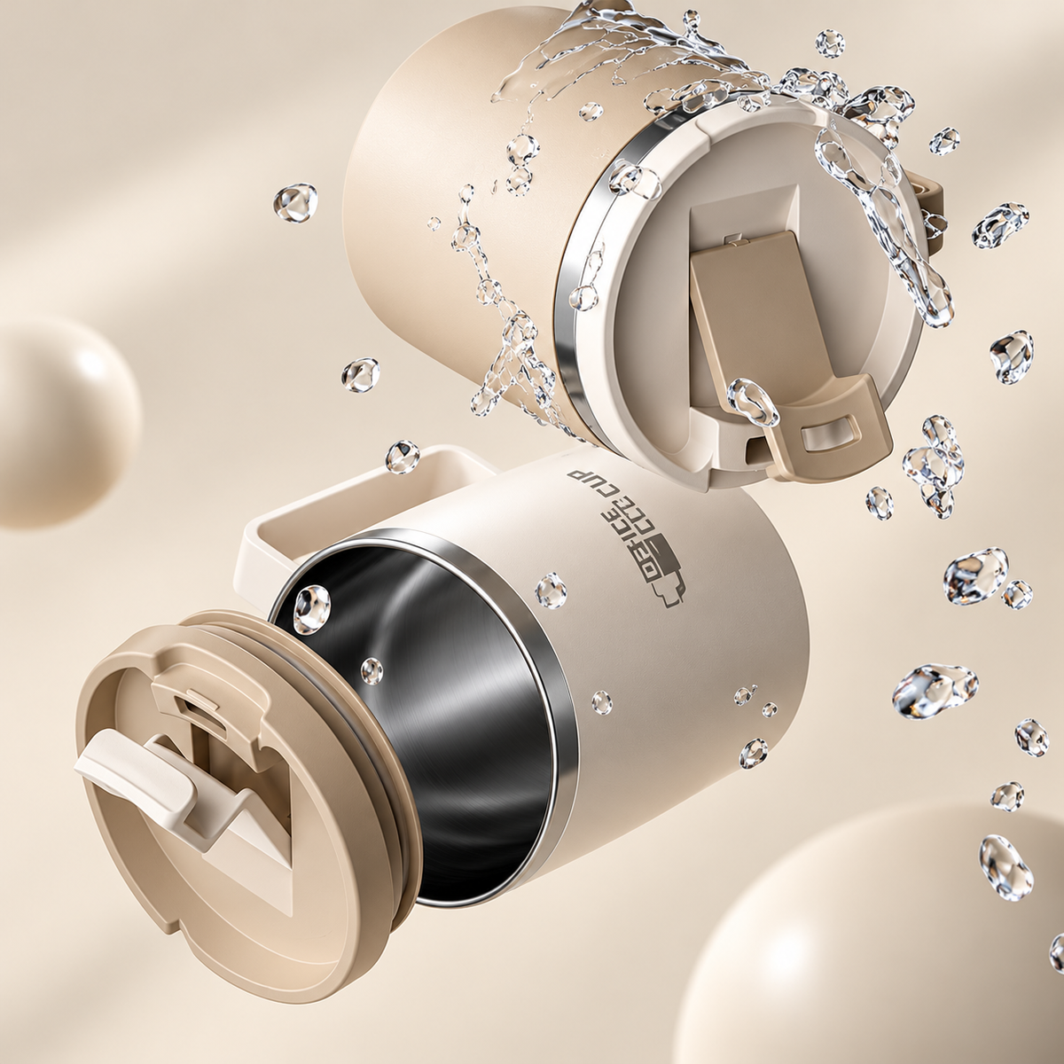 Stainless steel thermal coffee mug showing its lid and handle details