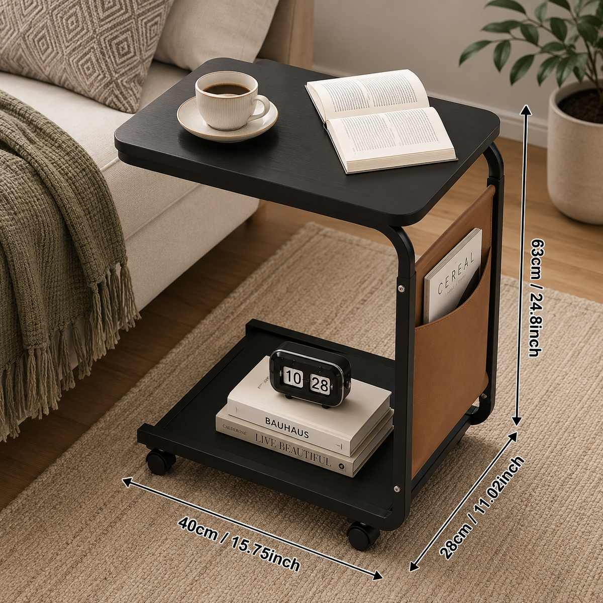 C-Shaped Rolling Side Table with Storage – Modern Sofa & Bedside Table