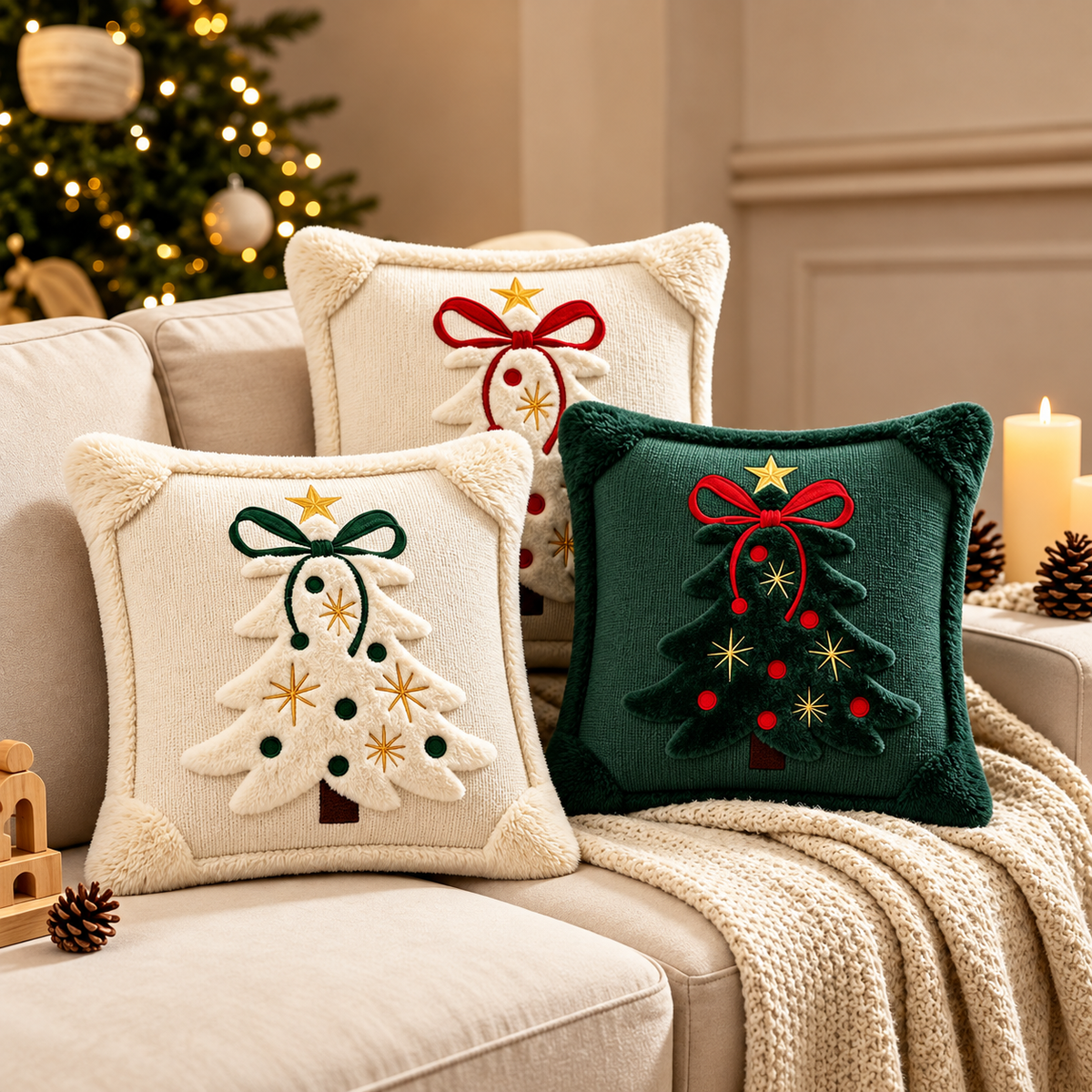 Embroidered Christmas pillow covers in cream with decorative Christmas trees, red bows and gold star details.