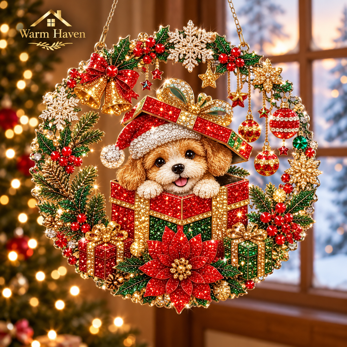 DIY Christmas hanging ornaments displaying colourful Christmas-themed artwork and festive details