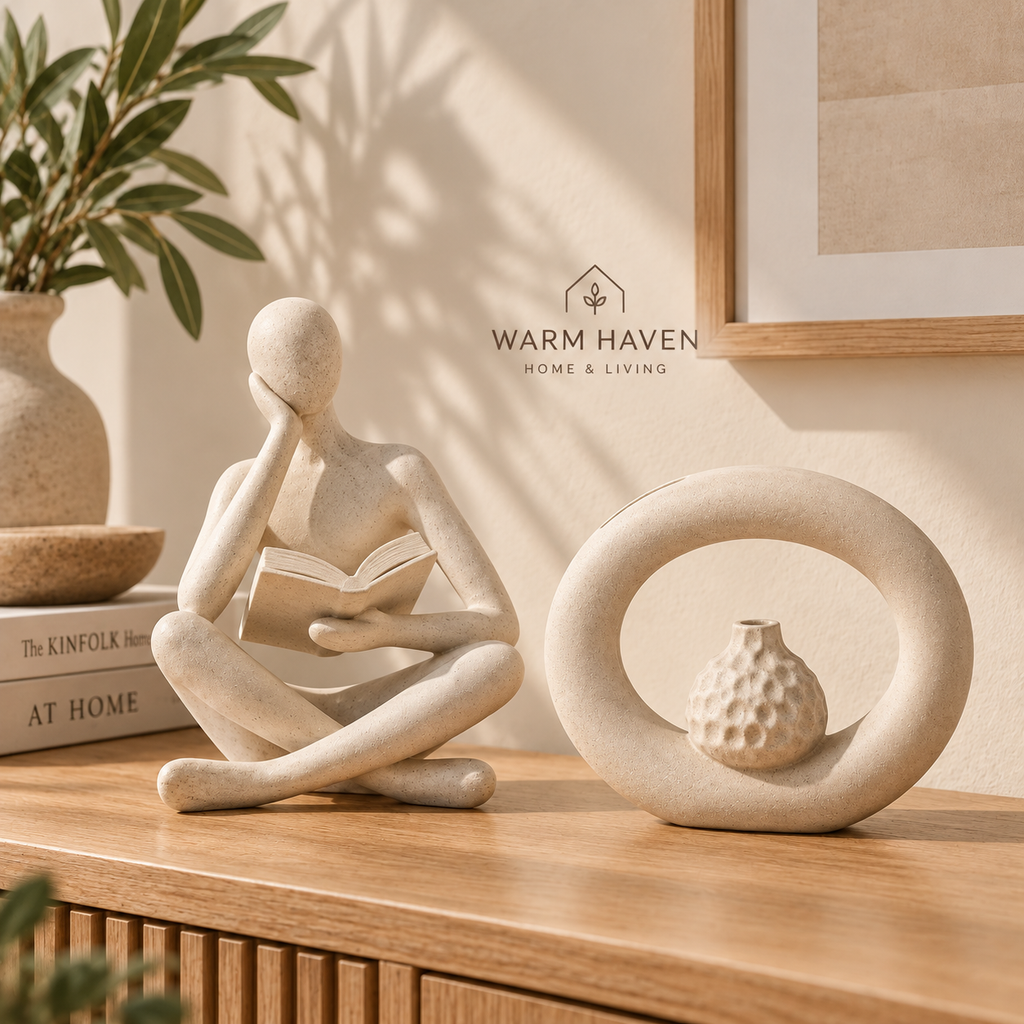 Abstract thinker sculpture displayed beside a sculptural vase on a warm Scandinavian console