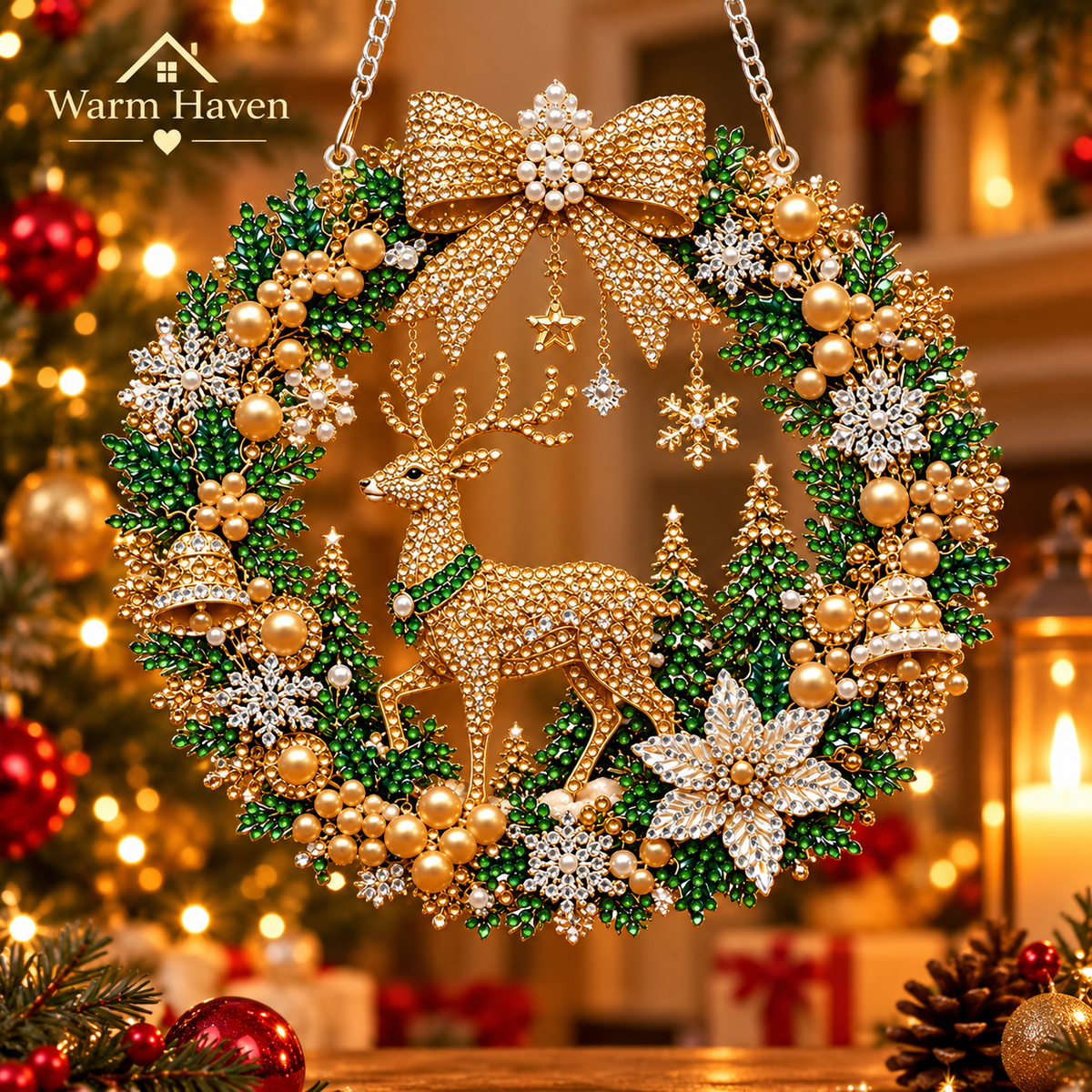 Diamond Painting Christmas Wreath displayed on a decorated Christmas tree