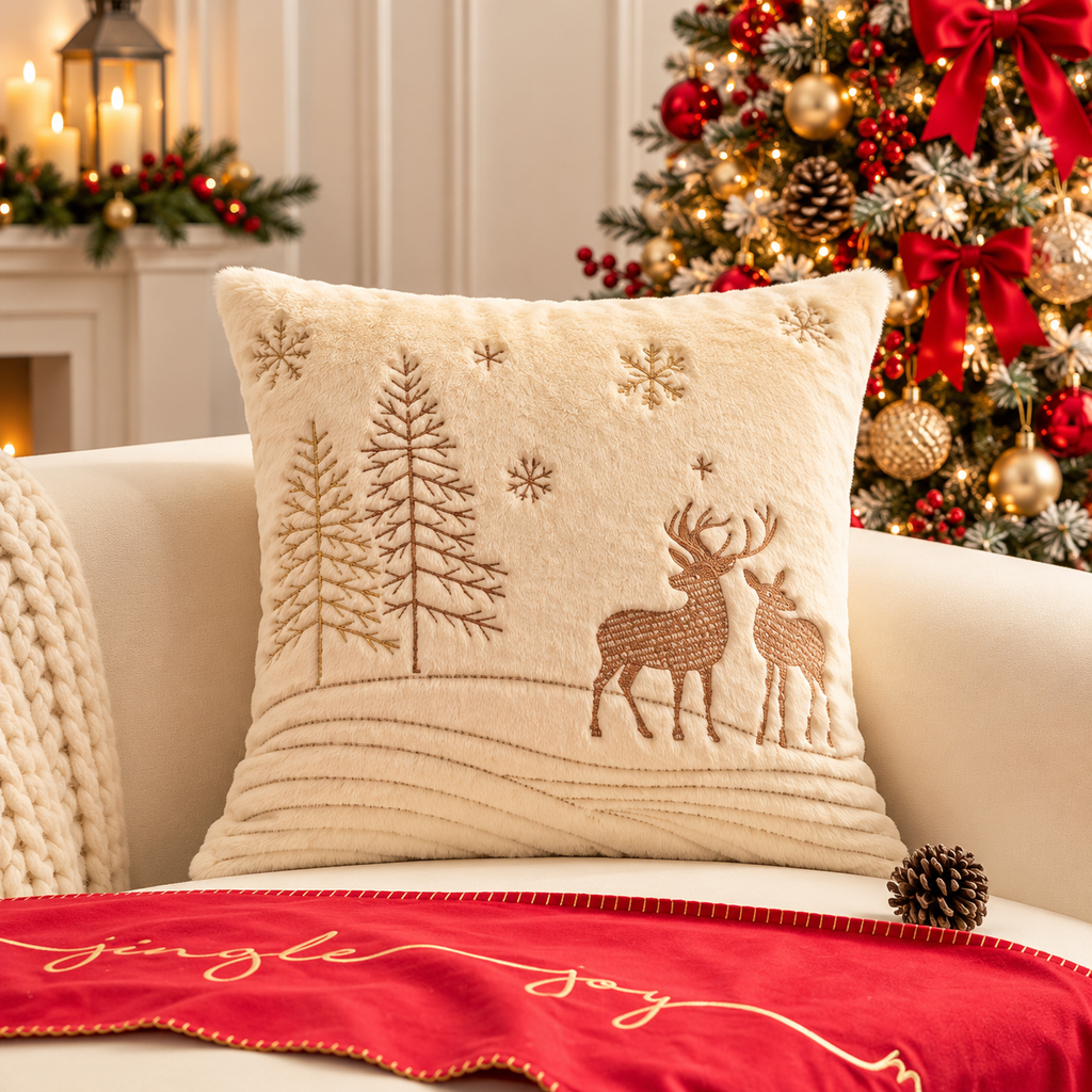 Christmas Faux Rabbit Fur Pillow Cover featuring embroidered reindeer and pine trees