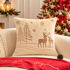 Christmas Faux Rabbit Fur Pillow Cover featuring embroidered reindeer and pine trees