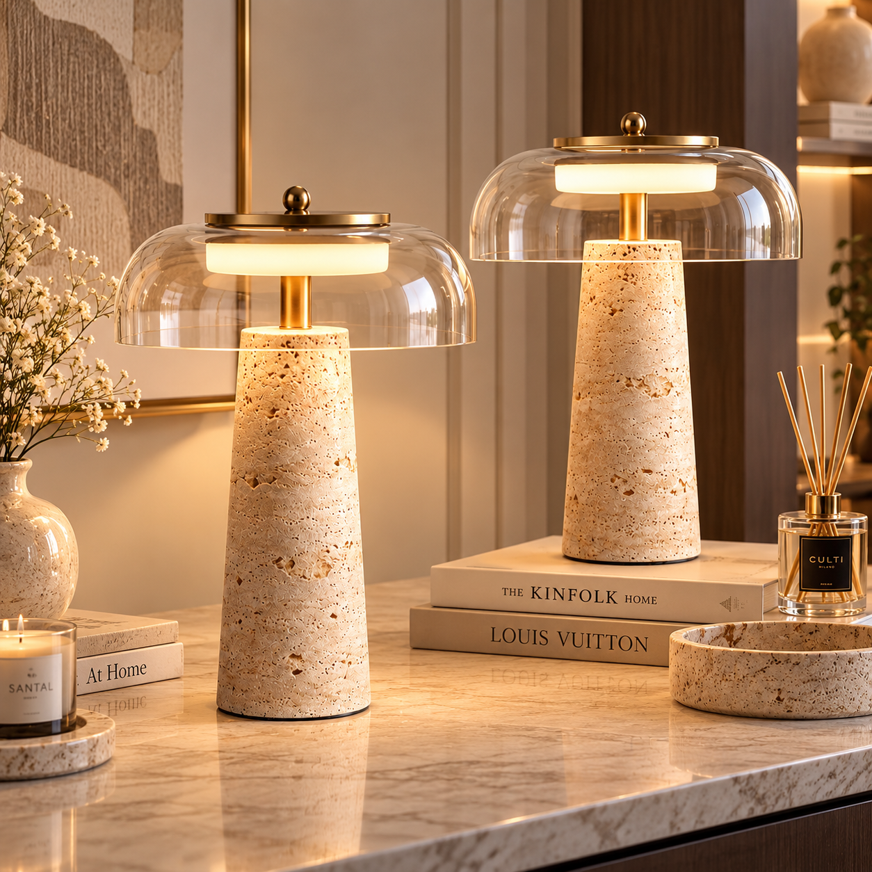 Two modern table lamps with beige travertine-textured bases and clear glass domes, styled on a marble countertop with books and home decor in a warm interior setting.