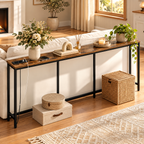 Slim console table with charging station in a warm Scandinavian living room with rustic wood tabletop and black metal frame