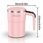 self-stirring coffee mug in pink showing its 13 cm height and 13 cm width dimensions