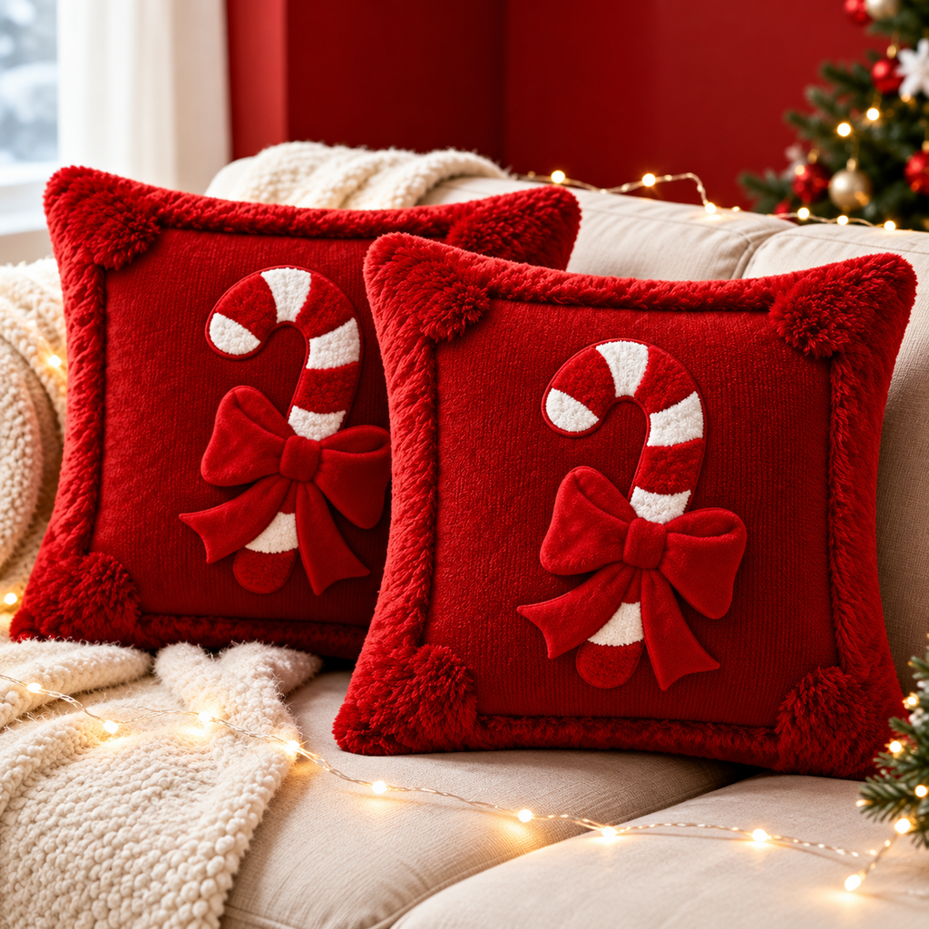 Red Christmas candy cane pillow cover with white candy cane design, decorative bows, and product detail images
