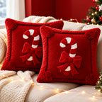 Red Christmas candy cane pillow cover with white candy cane design, decorative bows, and product detail images