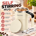 self-stirring coffee mug with automatic mixing function, cream finish, lid and USB charging cable